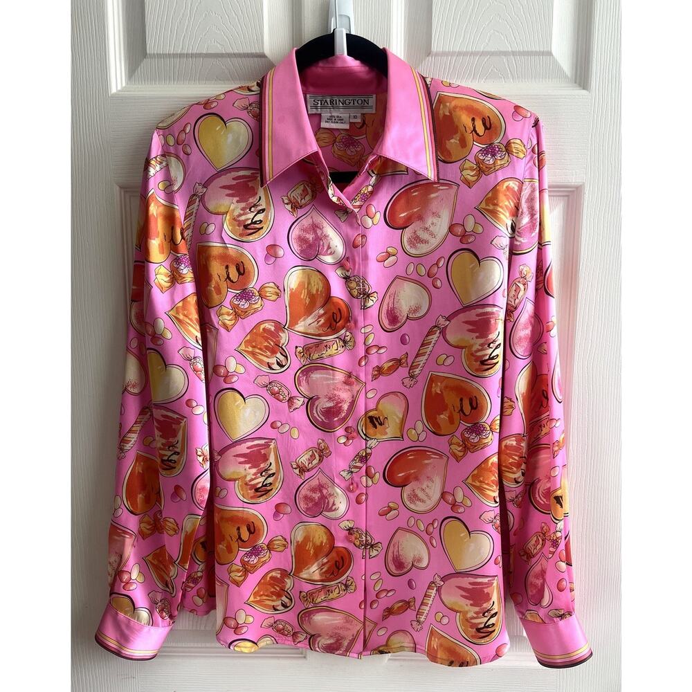 STARINGTON Vintage 90s Pink Hearts Candy Print 100% Silk Button Blouse Top Sz 10
